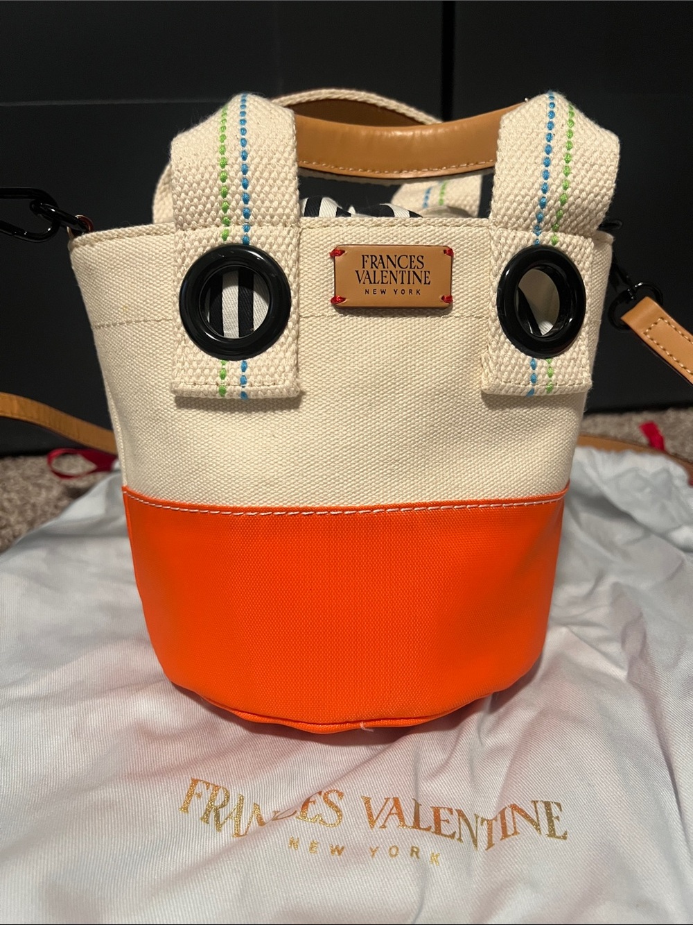 NWT Frances Valentine Cream and Orange Canvas Bucket Crossbody Bag - Picture 5 of 9
